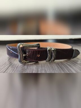 Vintage Burgundy Leather Belt 3-Pc Silver Western Rope Buckle Set Brazil S 8129